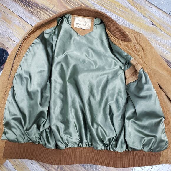 Vintage CROCODILE Leather Suede Bomber Jacket Full zip Italy Made Tan/Camel - Picture 11 of 12